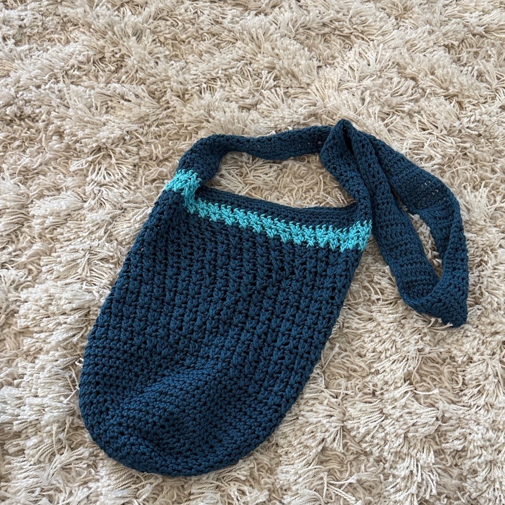 Blue Teal Woven Knit Shoulder Hobo Bag Slouchy Boho Beach Summer Handbag